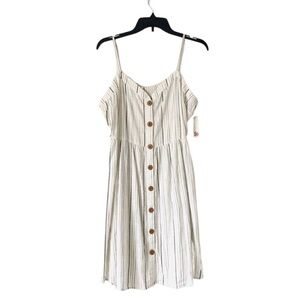 New! Bohemian Neutral Buttoned Stripes Spaghetti Strap Sundress Summer Dress